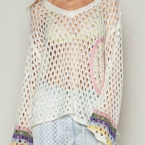 POL Colorful Crochet Knit Peace Sign Vneck
Sweater